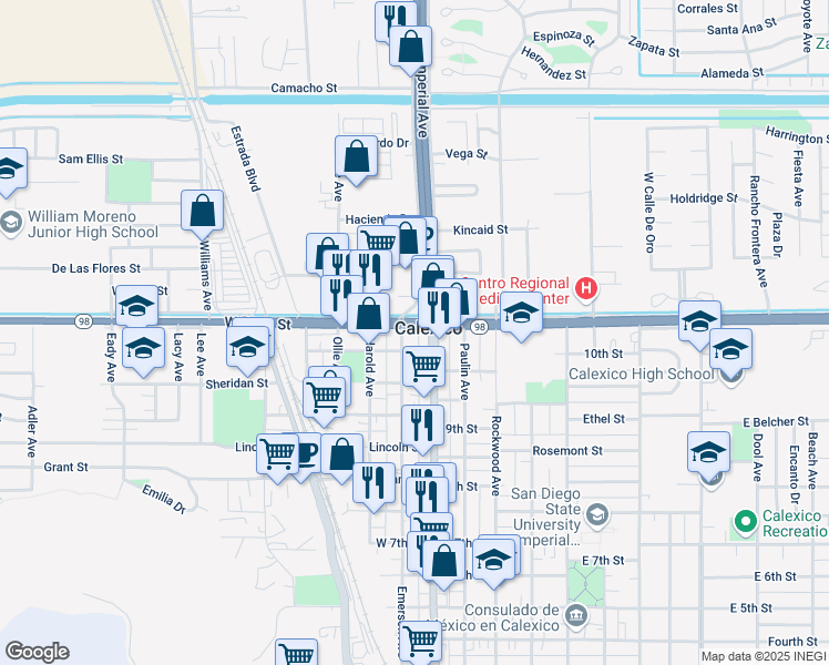 map of restaurants, bars, coffee shops, grocery stores, and more near 16 West Birch Street in Calexico