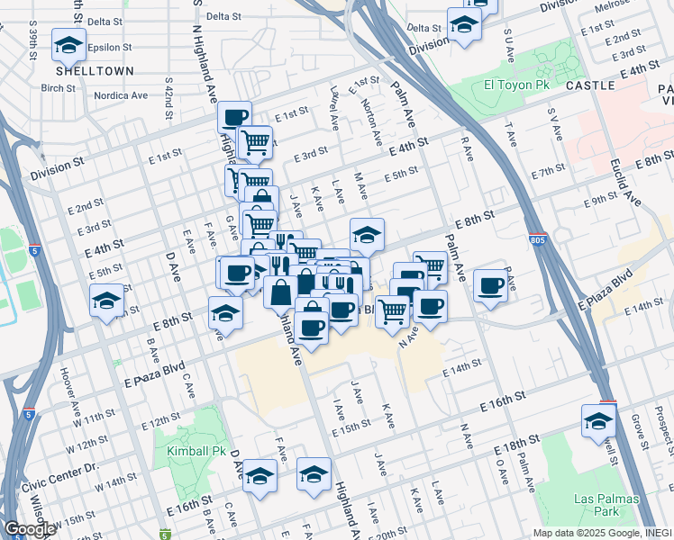 map of restaurants, bars, coffee shops, grocery stores, and more near 1038 East 8th Street in National City