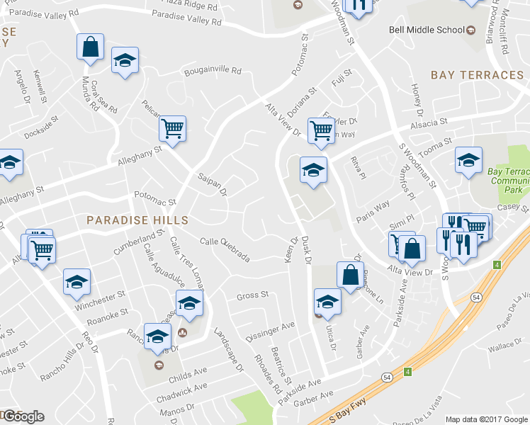 map of restaurants, bars, coffee shops, grocery stores, and more near 2429 Bali Cove in San Diego