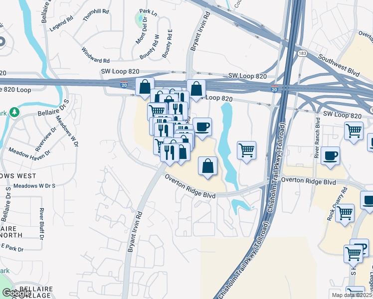 map of restaurants, bars, coffee shops, grocery stores, and more near 4817 Bryant Irvin Road in Fort Worth