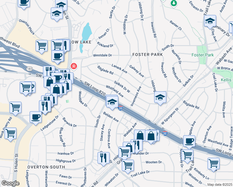 map of restaurants, bars, coffee shops, grocery stores, and more near 4237 Whitfield Avenue in Fort Worth