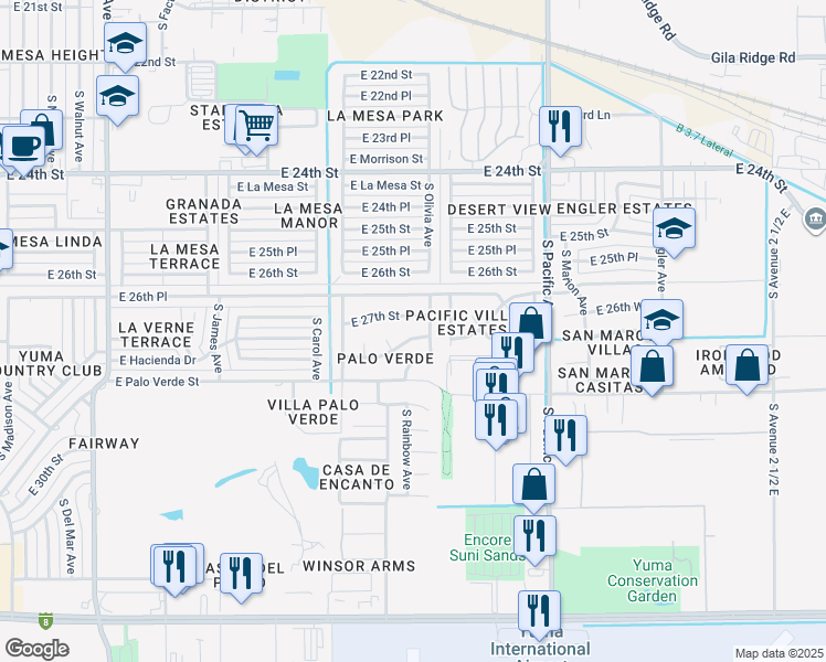 map of restaurants, bars, coffee shops, grocery stores, and more near 1563 East 27th Street in Yuma