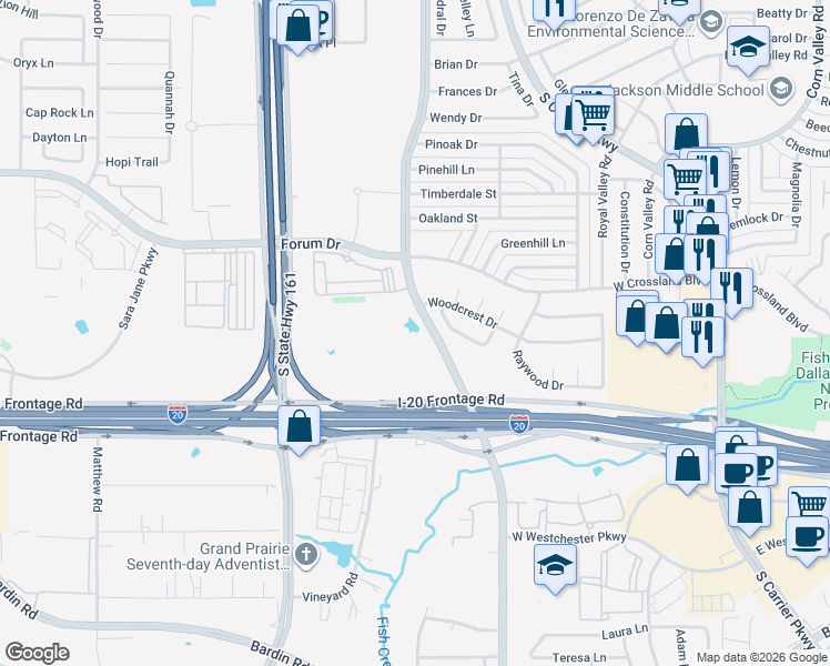 map of restaurants, bars, coffee shops, grocery stores, and more near 837 Woodhaven Lane in Grand Prairie