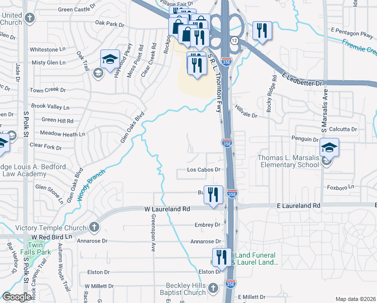map of restaurants, bars, coffee shops, grocery stores, and more near 221 Hammerking Road in Dallas