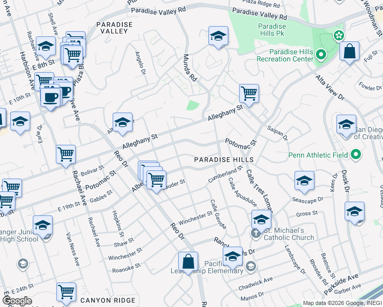 map of restaurants, bars, coffee shops, grocery stores, and more near 6042 Schuyler Street in San Diego