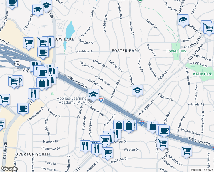 map of restaurants, bars, coffee shops, grocery stores, and more near 4217 Selkirk Drive West in Fort Worth