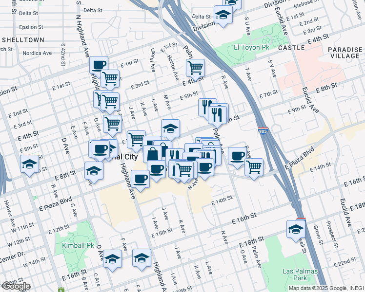 map of restaurants, bars, coffee shops, grocery stores, and more near 1327 East 9th Street in National City