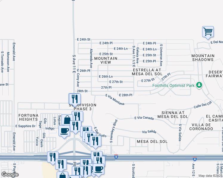 map of restaurants, bars, coffee shops, grocery stores, and more near 11349 East 27th Place in Yuma