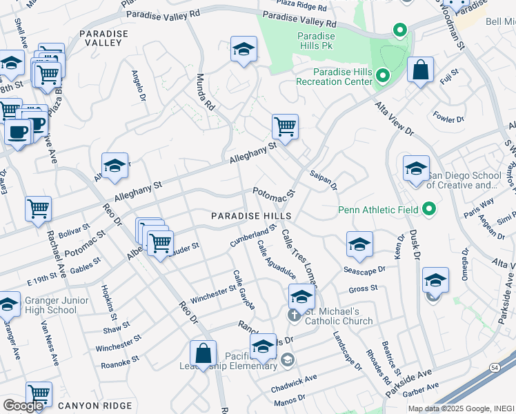map of restaurants, bars, coffee shops, grocery stores, and more near in San Diego