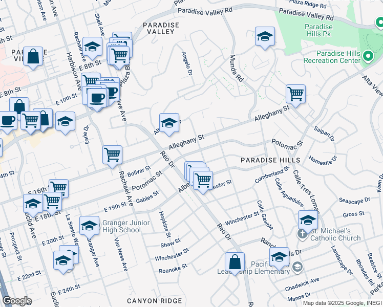 map of restaurants, bars, coffee shops, grocery stores, and more near 5838 Potomac Street in San Diego
