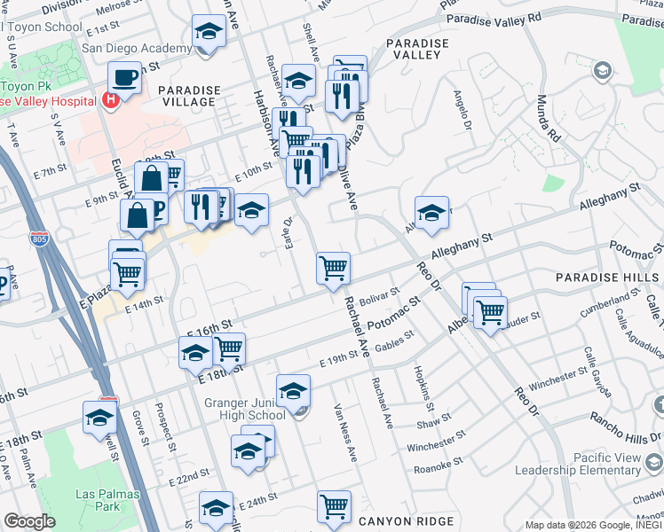 map of restaurants, bars, coffee shops, grocery stores, and more near 1429 South Harbison Avenue in San Diego