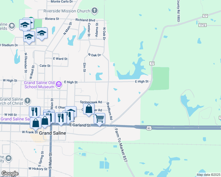 map of restaurants, bars, coffee shops, grocery stores, and more near 520 Bradburn Road in Grand Saline