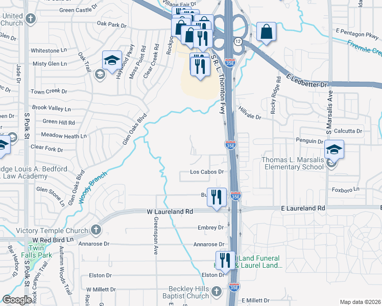 map of restaurants, bars, coffee shops, grocery stores, and more near 221 Hammerking Road in Dallas