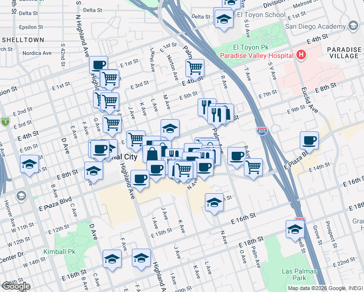 map of restaurants, bars, coffee shops, grocery stores, and more near 1313 East 9th Street in National City