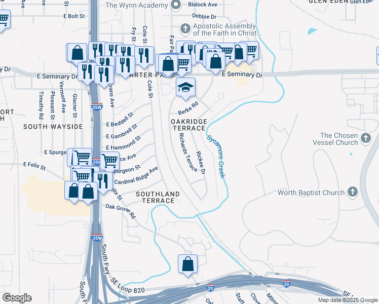 map of restaurants, bars, coffee shops, grocery stores, and more near 4717 Richards Terrace in Fort Worth