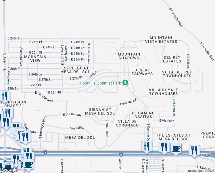 map of restaurants, bars, coffee shops, grocery stores, and more near 11812 Eclipse Court in Yuma