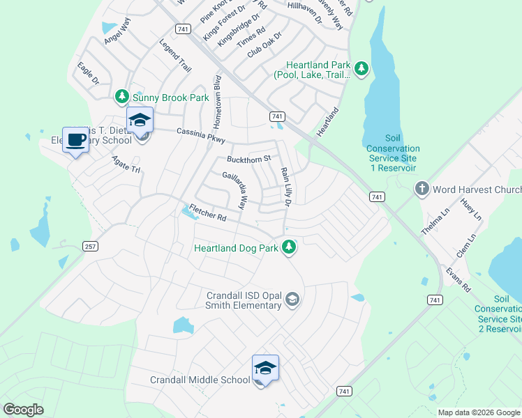 map of restaurants, bars, coffee shops, grocery stores, and more near 3021 Rosemount Lane in Crandall