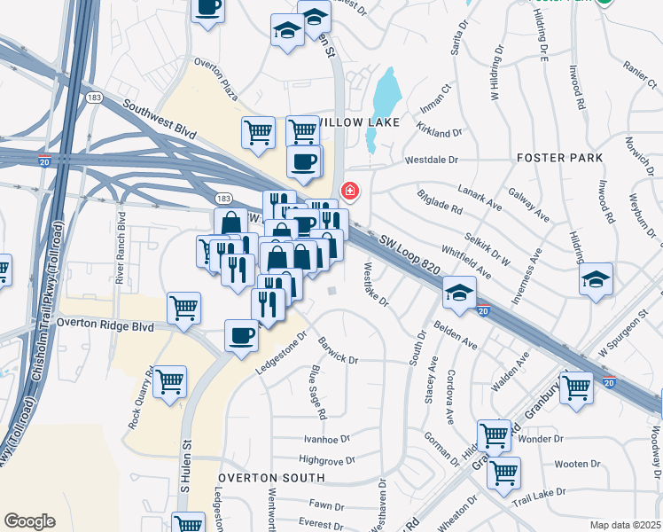 map of restaurants, bars, coffee shops, grocery stores, and more near 4613 South Hulen Street in Fort Worth