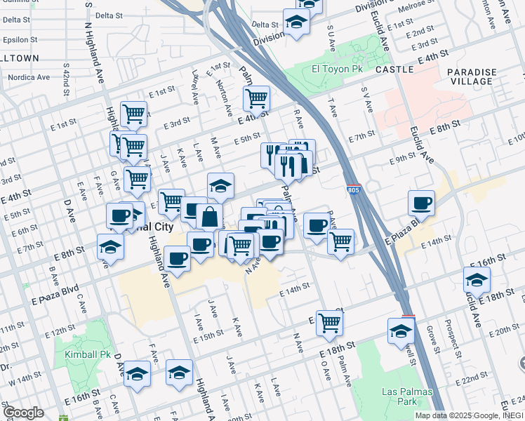 map of restaurants, bars, coffee shops, grocery stores, and more near 1446 East 8th Street in National City