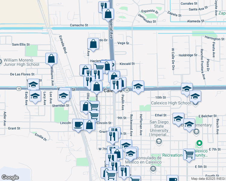 map of restaurants, bars, coffee shops, grocery stores, and more near in Calexico