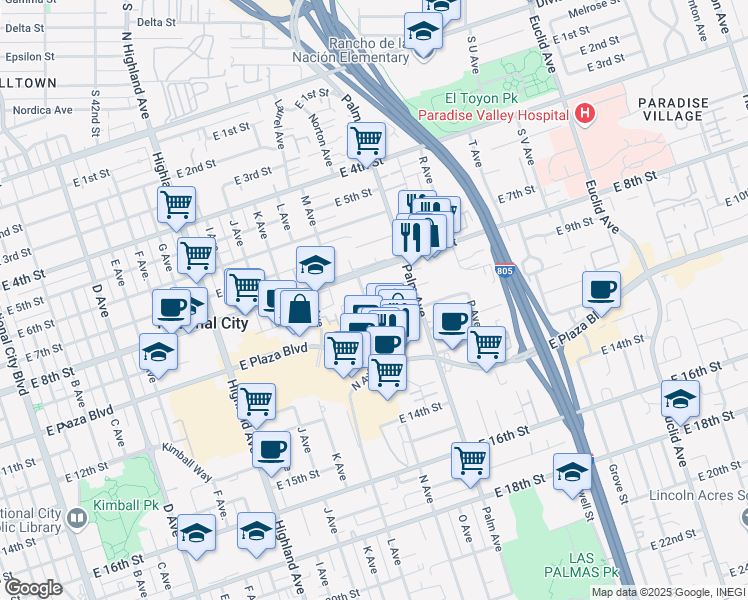 map of restaurants, bars, coffee shops, grocery stores, and more near 915 N Avenue in National City
