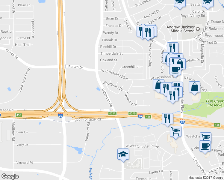 map of restaurants, bars, coffee shops, grocery stores, and more near 818 Woodhaven Lane in Grand Prairie