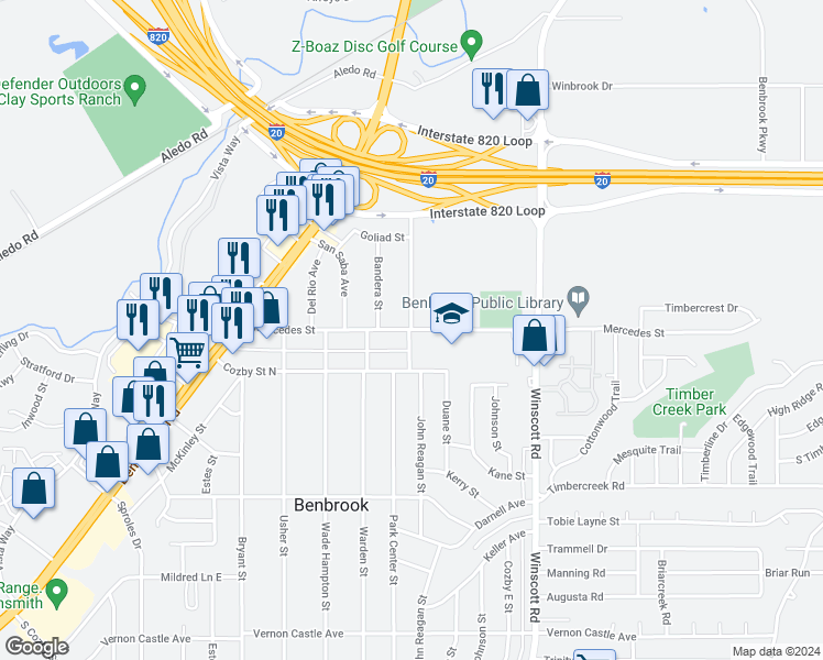 map of restaurants, bars, coffee shops, grocery stores, and more near 305 San Angelo Avenue in Benbrook