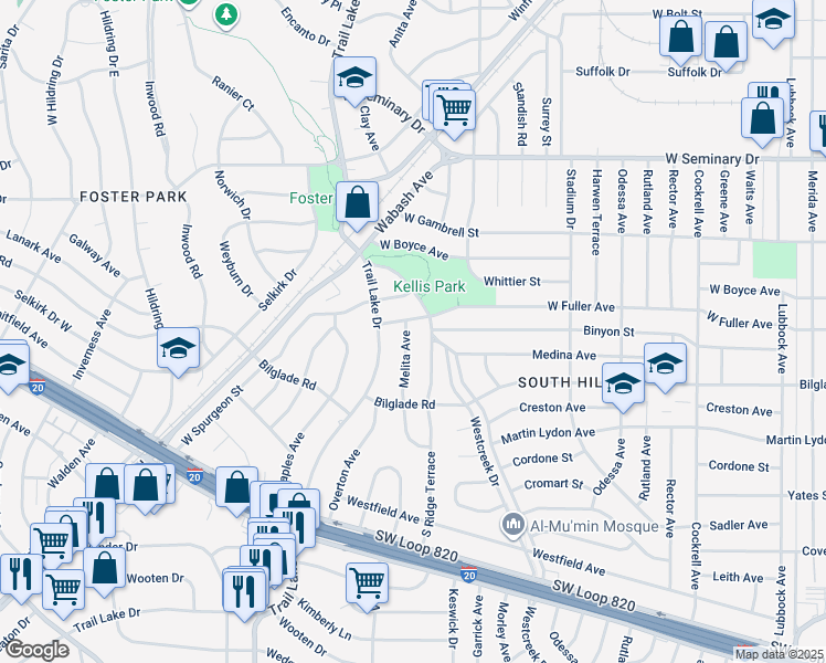 map of restaurants, bars, coffee shops, grocery stores, and more near 4705 Melita Ave in Fort Worth