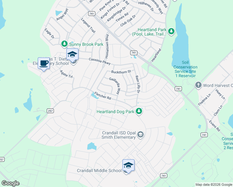 map of restaurants, bars, coffee shops, grocery stores, and more near 3200 Manzanilla Lane in Forney