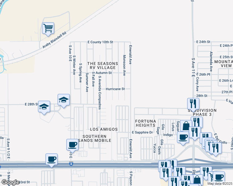 map of restaurants, bars, coffee shops, grocery stores, and more near 10436 South Tornado Avenue in Yuma