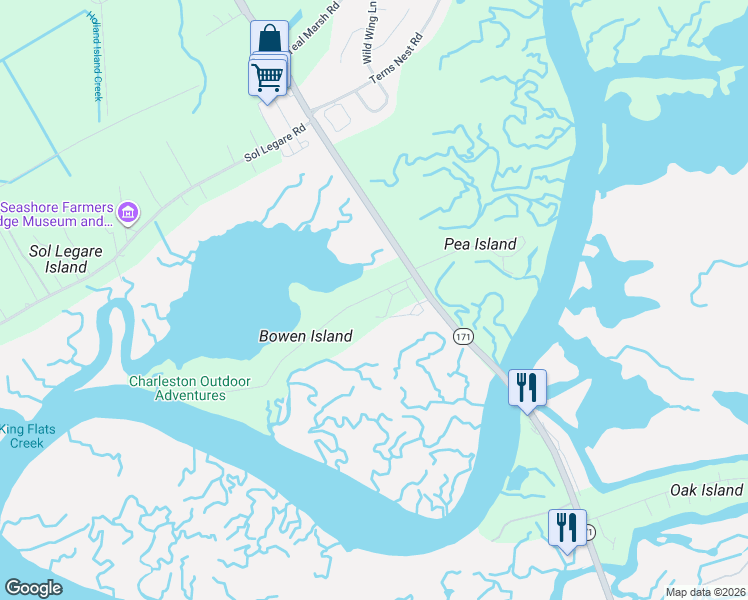 map of restaurants, bars, coffee shops, grocery stores, and more near 1801-1899 Bowens Island Road in Charleston