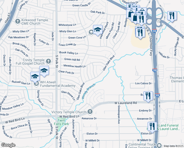 map of restaurants, bars, coffee shops, grocery stores, and more near 5441 Cherry Glen Lane in Dallas
