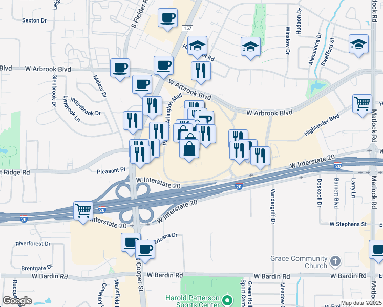 map of restaurants, bars, coffee shops, grocery stores, and more near 3811 South Cooper Street in Arlington