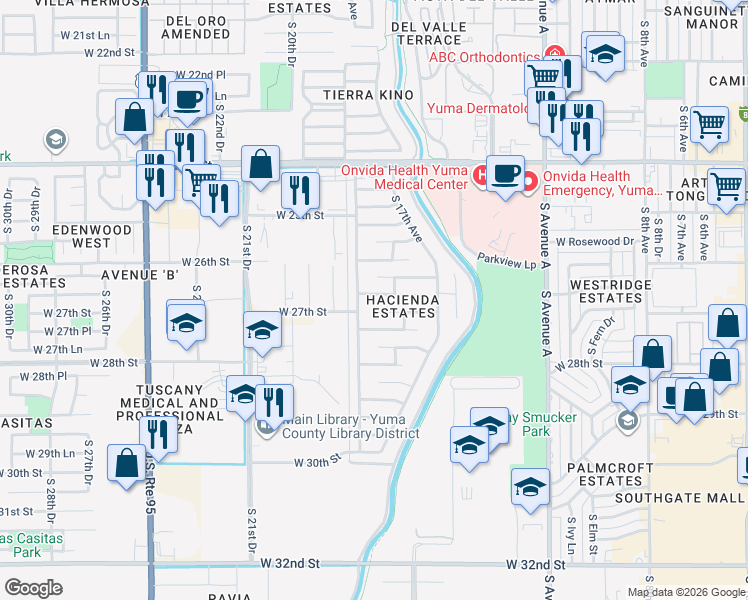 map of restaurants, bars, coffee shops, grocery stores, and more near 1775 West 26th Drive in Yuma