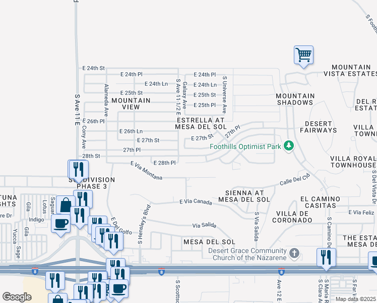 map of restaurants, bars, coffee shops, grocery stores, and more near 11533 27th Place in Yuma