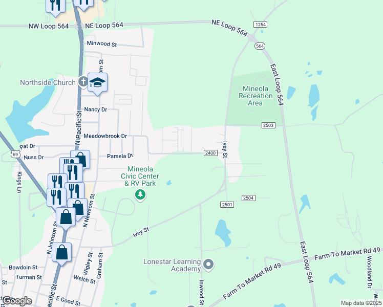 map of restaurants, bars, coffee shops, grocery stores, and more near 1501 Meadowbrook Drive in Mineola