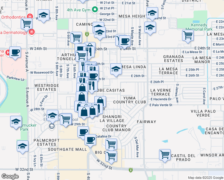 map of restaurants, bars, coffee shops, grocery stores, and more near 2666 South Los Amigos Drive in Yuma
