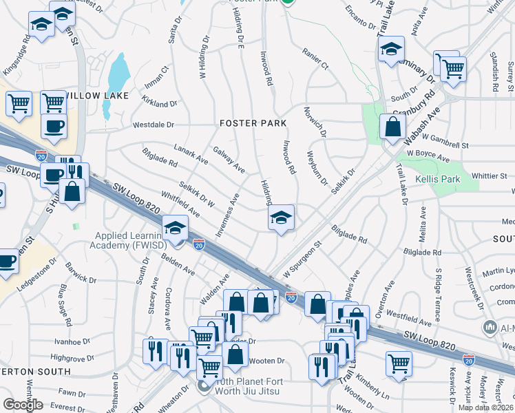 map of restaurants, bars, coffee shops, grocery stores, and more near 4108 Bilglade Road in Fort Worth