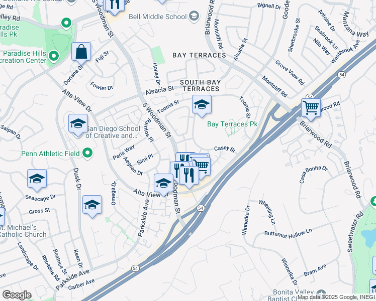 map of restaurants, bars, coffee shops, grocery stores, and more near 7035 Wattle Drive in San Diego