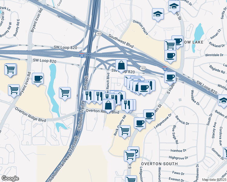 map of restaurants, bars, coffee shops, grocery stores, and more near 5101 River Valley Blvd in Fort Worth
