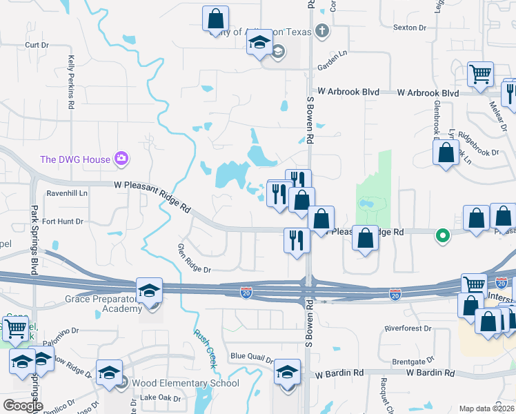map of restaurants, bars, coffee shops, grocery stores, and more near 2611 West Pleasant Ridge Road in Arlington