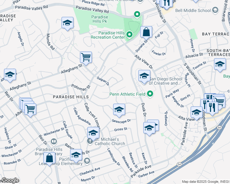 map of restaurants, bars, coffee shops, grocery stores, and more near 6306 Viewpoint Court in San Diego