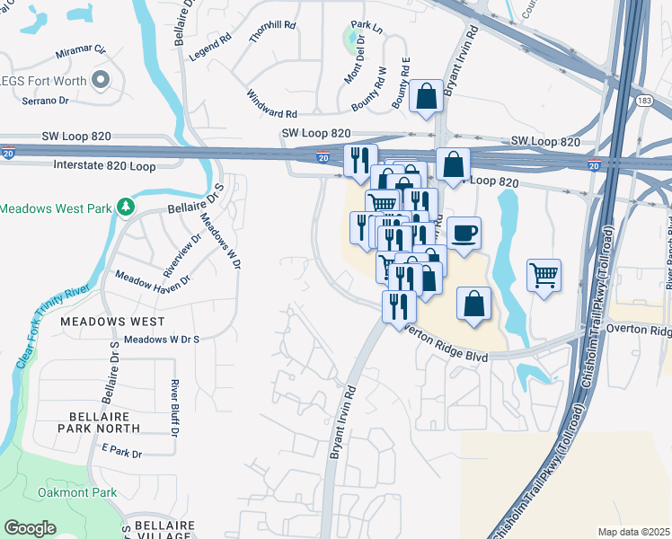 map of restaurants, bars, coffee shops, grocery stores, and more near 4920 Overton Commons Court in Fort Worth