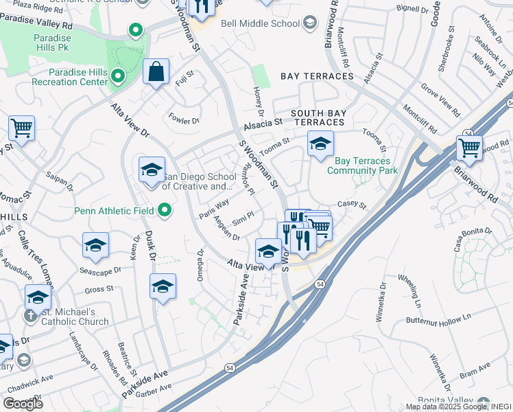 map of restaurants, bars, coffee shops, grocery stores, and more near 2656 Ramfos Place in San Diego