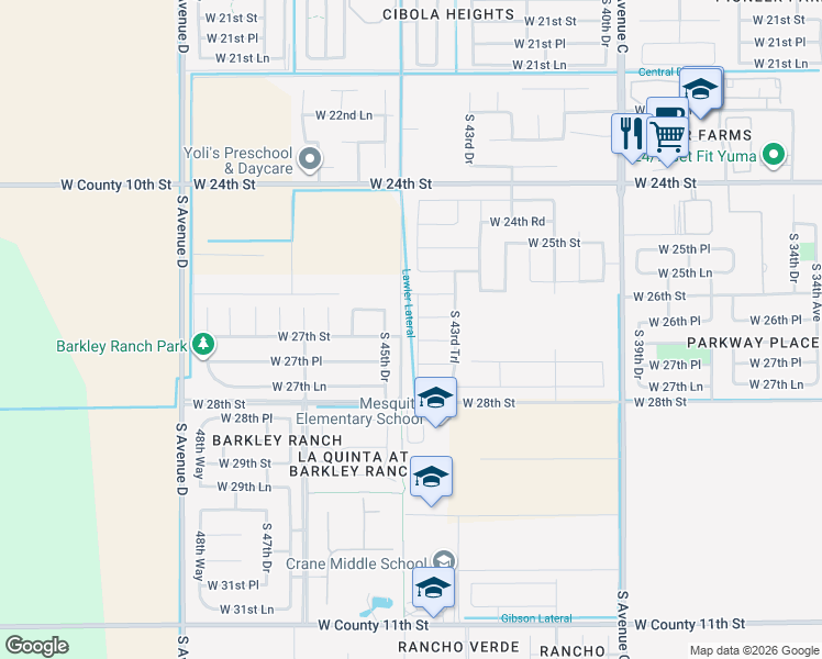 map of restaurants, bars, coffee shops, grocery stores, and more near 2675 South 45th Drive in Yuma