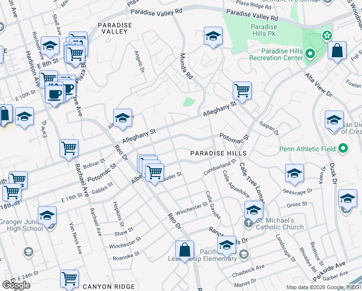map of restaurants, bars, coffee shops, grocery stores, and more near 6042 Schuyler Street in San Diego