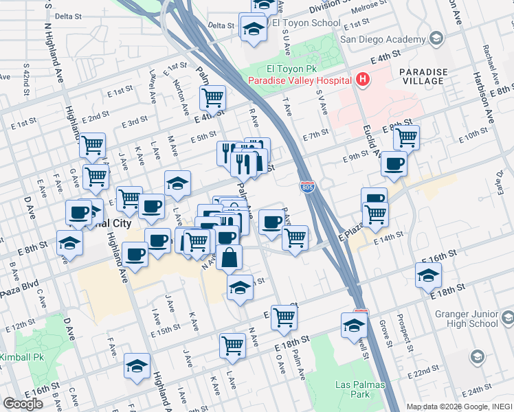 map of restaurants, bars, coffee shops, grocery stores, and more near 940 Palm Avenue in National City