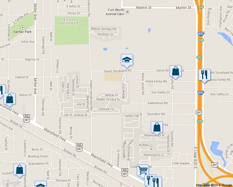 map of restaurants, bars, coffee shops, grocery stores, and more near 51 Willow Drive in Fort Worth