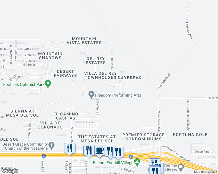 map of restaurants, bars, coffee shops, grocery stores, and more near 12559 East Del Rey Drive in Yuma