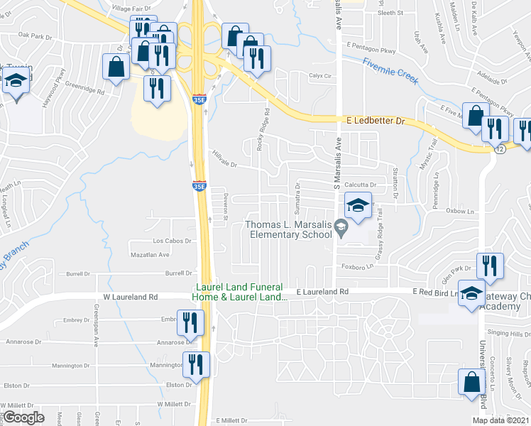 map of restaurants, bars, coffee shops, grocery stores, and more near 5504 Rocky Ridge Road in Dallas